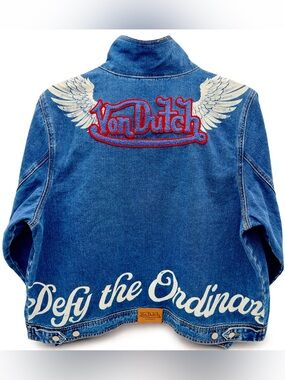 Von Dutch Vintage Denim Bomber Jacket Blue XL Defy the Ordinary Wings Unisex